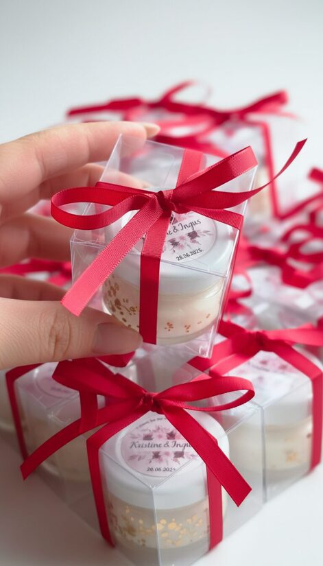 Personalizēta kāzu svece burciņā kastītē ar sarkanu lentīti